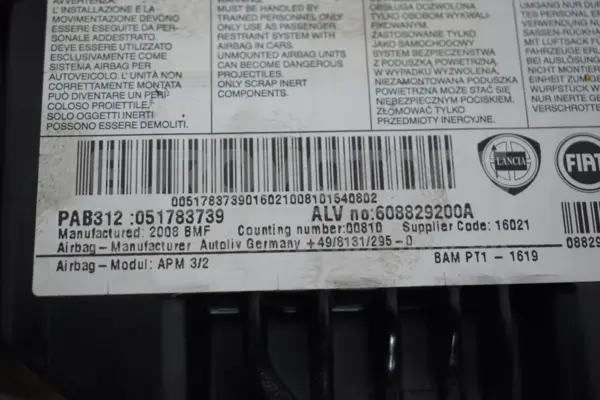 Повний комплект подушок безпеки + центральна панель приладів Fiat 500 1.2 2007 051783739 it-15593 Бензин - 9
